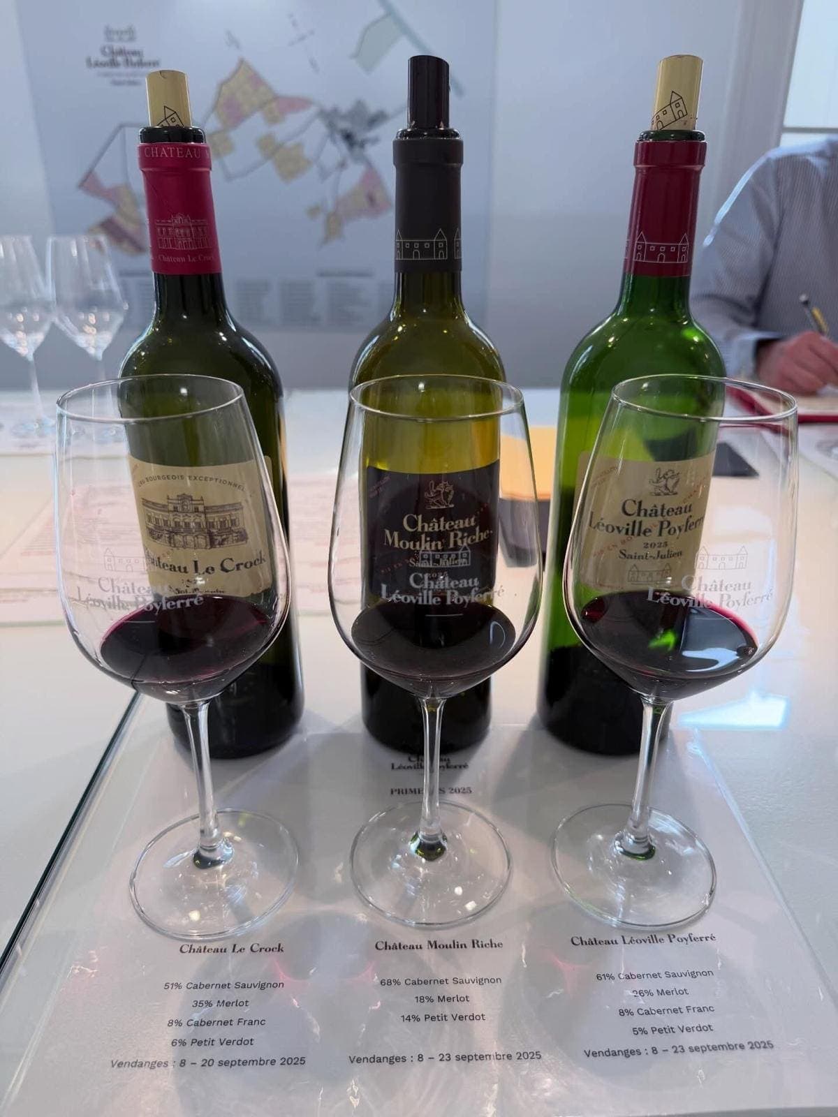 Trois verres de dégustation en primeur devant leurs bouteilles (Château Le Crock, Moulin Riche, Léoville Poyferré), fiche technique en fond